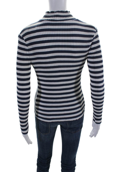 Veronica Beard Womens Long Sleeve Mock Neck Striped Shirt White Navy Size Small