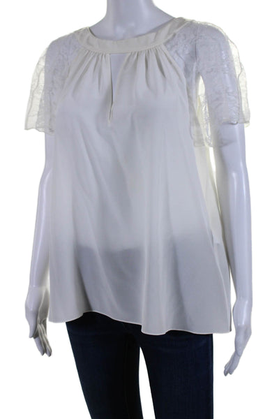 Lanvin Womens Silk Lace Short Sleeves Key Hole Neck Blouse White Size EUR 38