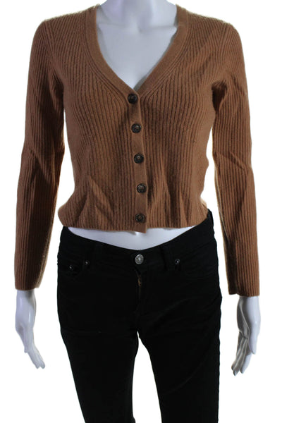 Naadam Womens V-Neck Long Sleeves Ribbed Cashmere Cardigan Sweater Brown Size XS