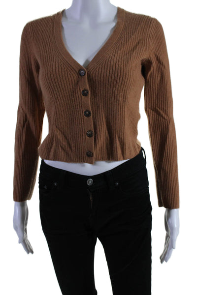 Naadam Womens V-Neck Long Sleeves Ribbed Cashmere Cardigan Sweater Brown Size XS