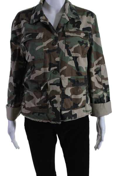 R+A Womens Camouflage Print Collared Buttoned Fringed Hem Jacket Green Size XS