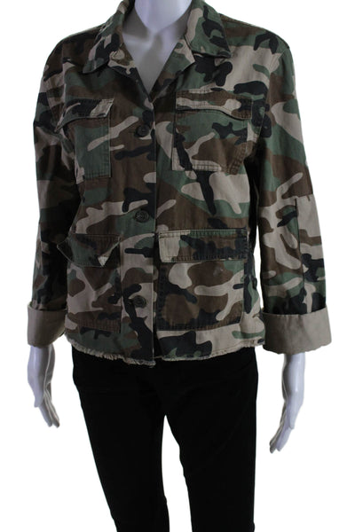 R+A Womens Camouflage Print Collared Buttoned Fringed Hem Jacket Green Size XS