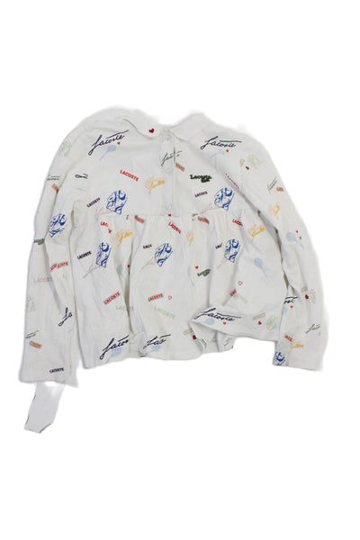 Lacoste Girls Collar Buttons Heart Print Graphic Design Flowy Top White Size 12