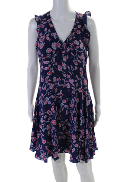 Rebecca Taylor Womens Side Zip Ruffled V Neck Floral Silk Dress Blue Red Size 6