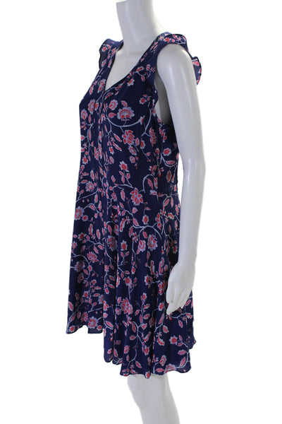 Rebecca Taylor Womens Side Zip Ruffled V Neck Floral Silk Dress Blue Red Size 6