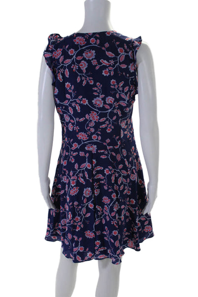 Rebecca Taylor Womens Side Zip Ruffled V Neck Floral Silk Dress Blue Red Size 6