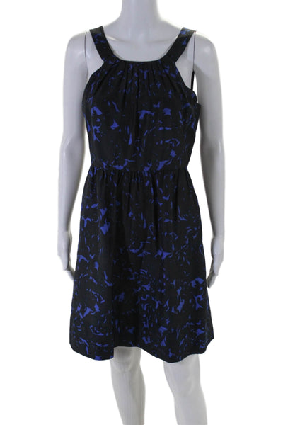 J Crew Womens Back Zip Sleeveless Abstract Silk Dress Navy Blue Size 4