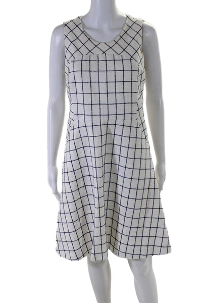 J Crew Womens Back Zip Scoop Neck Knit Check Shift Dress White Navy Size 6