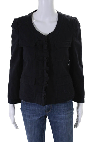 DKNY Womens Button Front Scoop Neck Pocket Jacket Navy Blue Wool Size 4