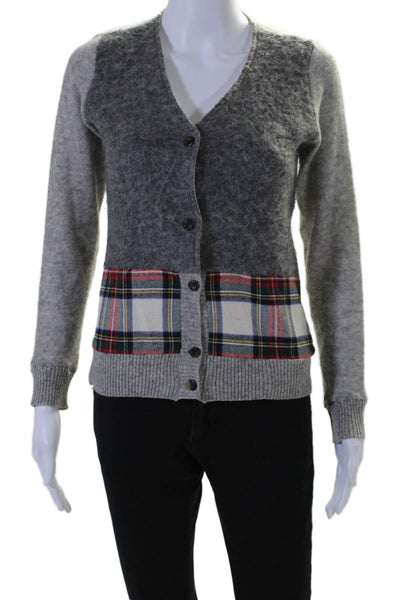 Maille Clu Womens Wool Gray Plaid V-Neck Long Sleeve Cardigan Sweater Top SizeXS