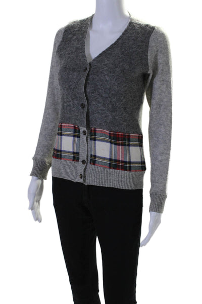 Maille Clu Womens Wool Gray Plaid V-Neck Long Sleeve Cardigan Sweater Top SizeXS