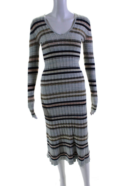 Free People Womens Blue Striped Ribbed V-Neck Long Sleeve Sweater Dress Size XS