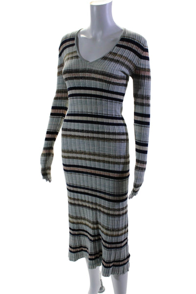 Free People Womens Blue Striped Ribbed V-Neck Long Sleeve Sweater Dress Size XS