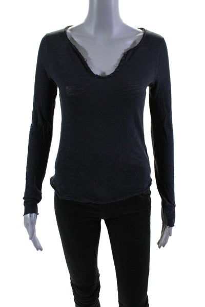 Zadig & Voltaire Womens Long Sleeve V Neck Distressed Trim Shirt Gray Size XS