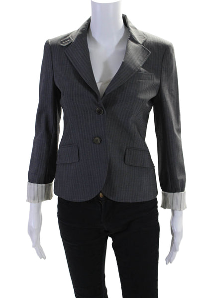 Theory Womens Pinstriped Two Button Blazer Jacket Gray White Wool Size 0