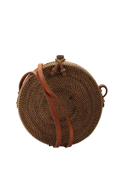 Bembien Womens Leather Trim Woven Basket Weave Rounds Crossbody Bag Brown