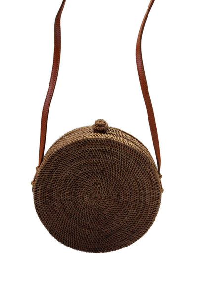 Bembien Womens Leather Trim Woven Basket Weave Rounds Crossbody Bag Brown