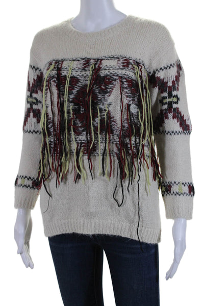 Isabel Marant Womens Alpaca Knit Geometric Frayed Pullover Sweater Cream Size 0