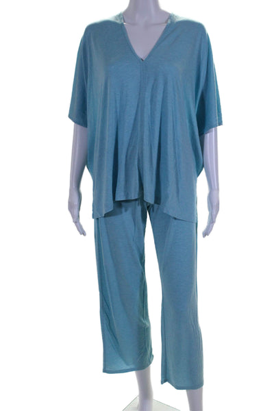 Natori Womens V Neck Tee Shirt Pajama Pants Set Blue Cotton Size Small