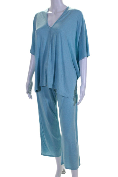 Natori Womens V Neck Tee Shirt Pajama Pants Set Blue Cotton Size Small