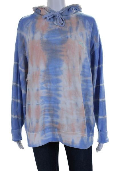 WSLY Womens Pullover Logo Tie Dyed Hoodie Sweater Blue Beige Cotton Size Small