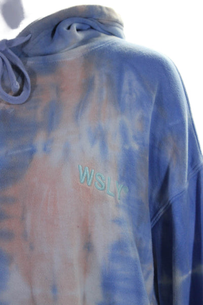 WSLY Womens Pullover Logo Tie Dyed Hoodie Sweater Blue Beige Cotton Size Small