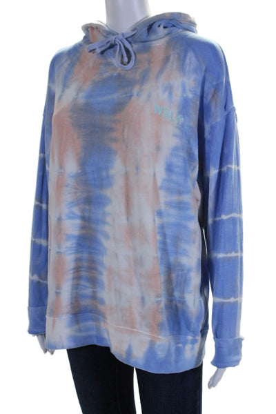 WSLY Womens Pullover Logo Tie Dyed Hoodie Sweater Blue Beige Cotton Size Small