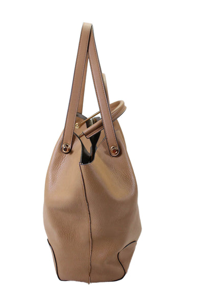 Sondra Roberts Crinkled Leather Double Handle Frame Hobo Shoulder Handbag Beige