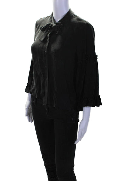 Corey Lynn Calter Women's Short Sleeves Ruffle Silk Blouse Black Size S