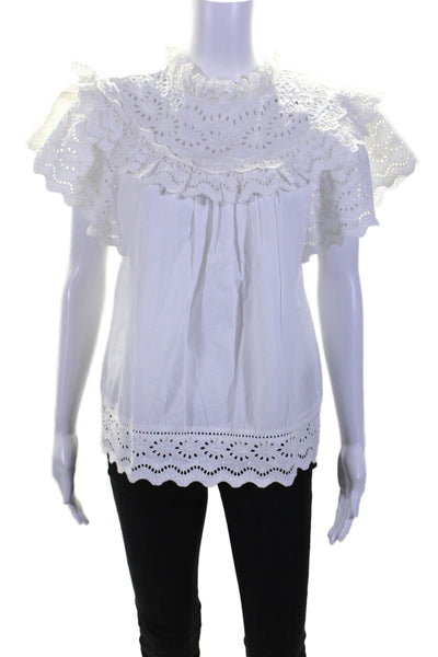 Sea Women's Round Neck Flutter Sleeves Cotton Eyelet Blouse White Size XS