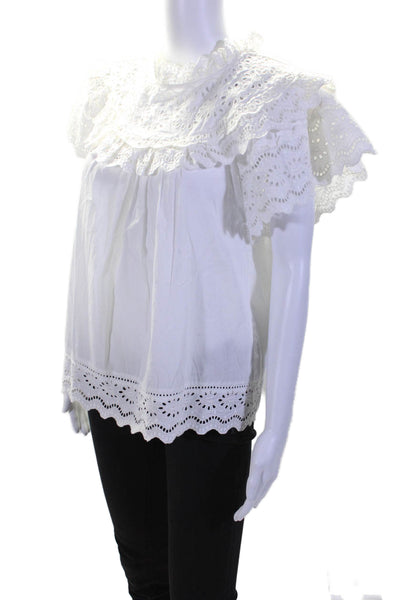 Sea Women's Round Neck Flutter Sleeves Cotton Eyelet Blouse White Size XS