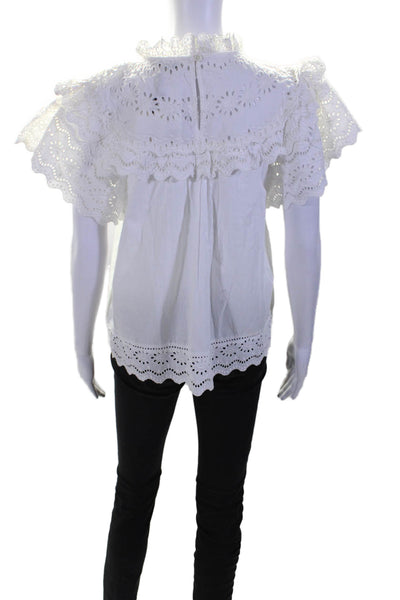 Sea Women's Round Neck Flutter Sleeves Cotton Eyelet Blouse White Size XS