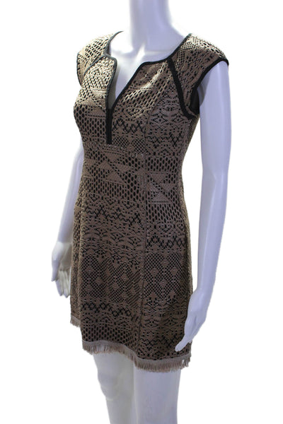 Nanette Lepore Womens Brown Black Textured V-neck Cap Sleeve Mini Dress Size 0