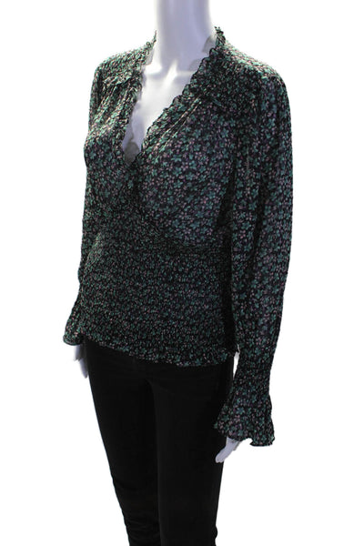 Rebecca Taylor Womens Long Sleeve Smocked Floral Silk Top Green Black Size Large