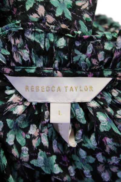 Rebecca Taylor Womens Long Sleeve Smocked Floral Silk Top Green Black Size Large