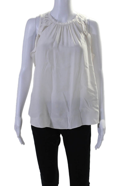 Rebecca Taylor Women's Round Neck Sleeveless Lace Trim Silk Blouse Beige Size 12