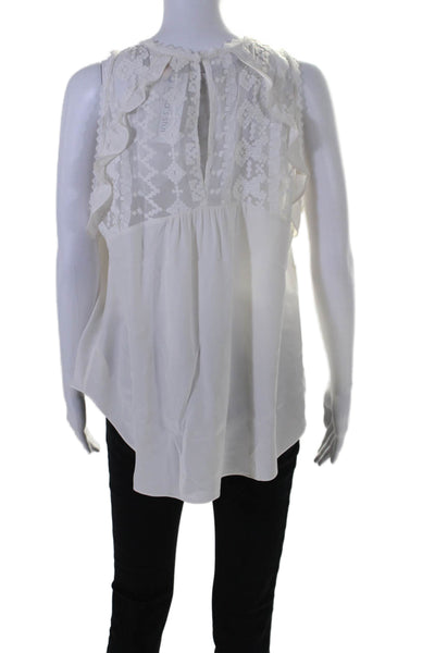 Rebecca Taylor Women's Round Neck Sleeveless Lace Trim Silk Blouse Beige Size 12