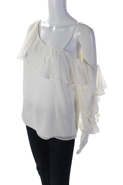 Haute Hippie Women's One Shoulder Long Sleeves Silk Ruffle Blouse Beige Size XS
