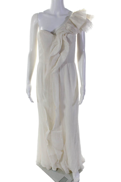 J. Mendel Womens Cream Ruffle One Shoulder Sleeveless Gown Dress Size 10