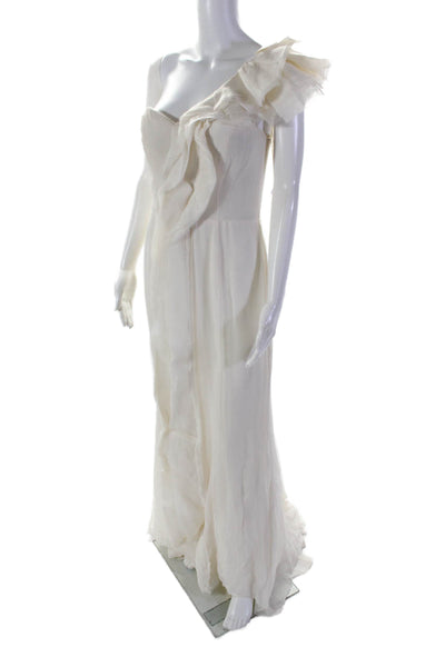 J. Mendel Womens Cream Ruffle One Shoulder Sleeveless Gown Dress Size 10