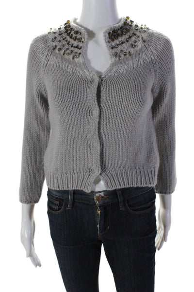 Brunello Cucinelli Womens Beaded Cashmere Crochet Cardigan Sweater Gray Medium