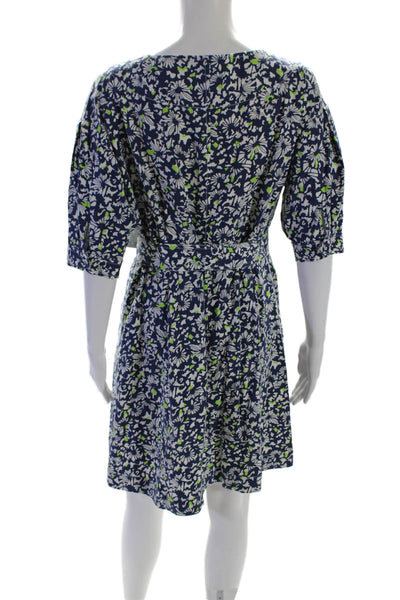 Tanya Taylor Womens Side Zip Belted V Neck Abstract Dress Navy White Size 12