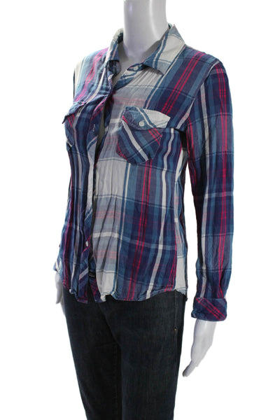 Rails Womens Plaid Print Collared Buttoned-Up Long Sleeve Top Blue Size XS