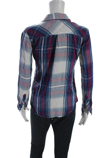 Rails Womens Plaid Print Collared Buttoned-Up Long Sleeve Top Blue Size XS