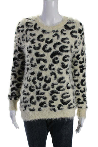 Pol Womens Cotton Animal Print Frayed Textured Long Sleeve Sweater White Size S