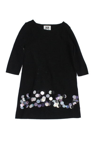 Milly Minis Girls Long Sleeve Round Neck Sequenced Detail Knit Dress Black Size