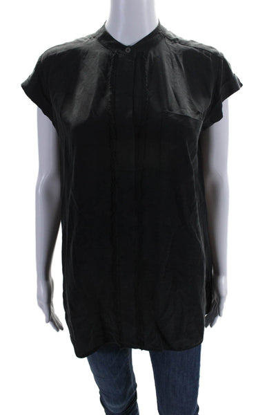 Vince Womens Silk Short Sleeve V-neck Ruffle Texture Blouse Black Size XS