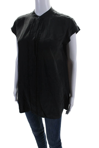 Vince Womens Silk Short Sleeve V-neck Ruffle Texture Blouse Black Size XS