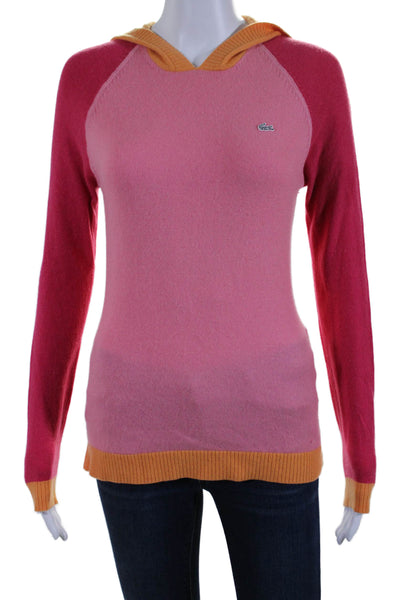 Lacoste Womens Pullover Logo Hooded Cashmere Sweater Pink Orange Size FR 40