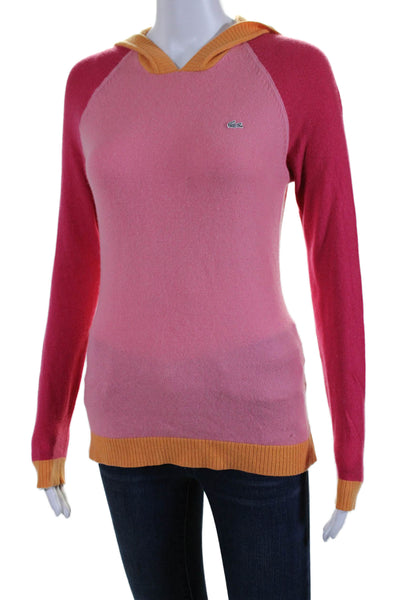 Lacoste Womens Pullover Logo Hooded Cashmere Sweater Pink Orange Size FR 40